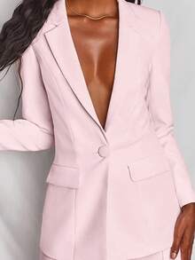 女士纯色翻领单扣西装外套和裤子套装 - 淺粉色 - 查看 4