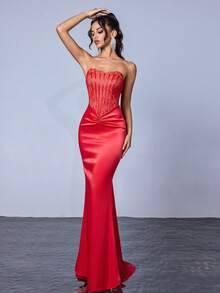 Women's Lace Patchwork Satin Dress With Non-Slip Straps, Hidden Zipper, Strapless Design - Red - View 6