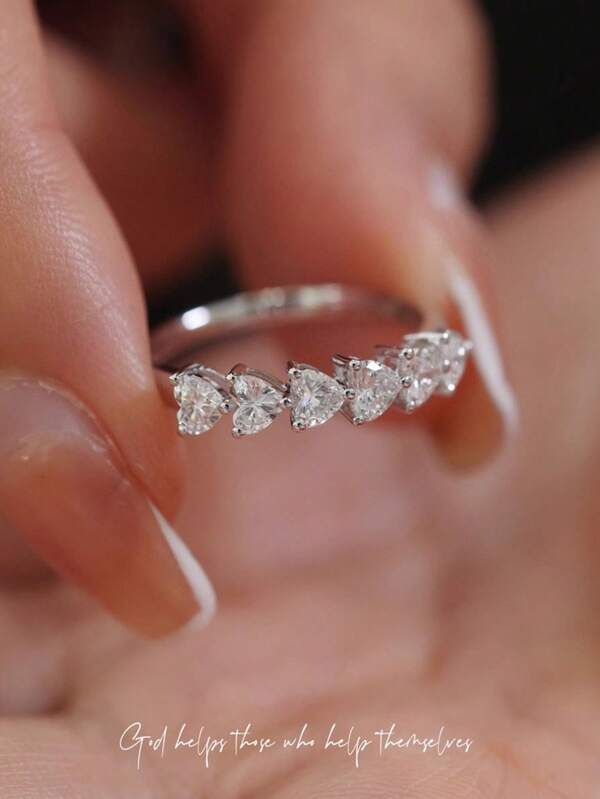 1pc Elegant S925 Sterling Siver Heart Ring, Multiple CZ Sparkling Heart In Alignment, Perfect For Women's Daily Wear, Wedding Ring