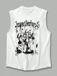 1pcs Gothic Cross Men's Tank Top, Ideal Choice For Summer Workout Gym Fitness Tank Top 100% Pure CottonSuitable For Casual Daily Wear - White - View 4