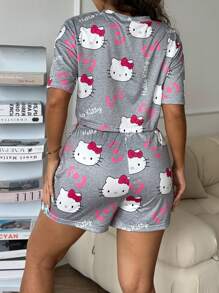 Sanrio 2pcs Hello Kitty Print Women's Short Sleeve Crop Top + Drawstring Shorts Pajama Set