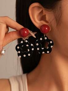 2 件复古撞色镂空波尔卡圆点花卉耳夹，时尚独特几何无穿孔耳环，女士珠宝配饰 - 紅色 - 查看 2