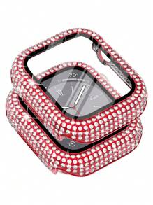 1 pieza Estuche con protector de pantalla de cristal templado antiarañazos y ultrafino con decoración de rhinestones brillantes en color rojo para hombres y mujeres, compatible con Series SE/1/2/3/4/5/6/7/8 de 38/40/41/42/44/45/46mm
