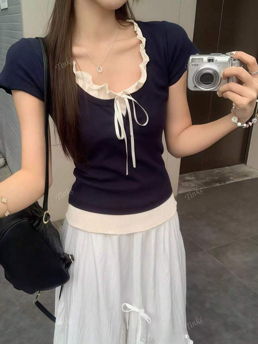 F14 STYLE Summer Tie-Up Color Block Tshirt image