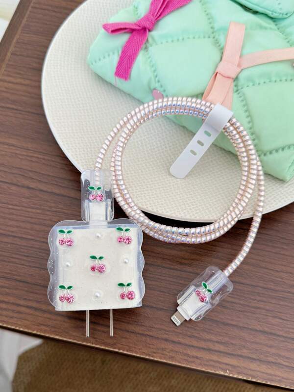 5pcs Pink Rhinestone Cherry And Faux Pearl Design Mobile Phone Charger Set 20W/18W, Charging Cable Protection Rope, Charging Head Protection Case, Compatible With IPhone Charger Cable Protector, Charger Accessories, Phone Accessories