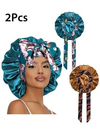 2 件女士印花丝绸光滑缎带软帽，休闲舒适睡眠软帽头巾
