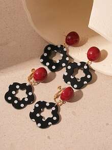 2 件复古撞色镂空波尔卡圆点花卉耳夹，时尚独特几何无穿孔耳环，女士珠宝配饰 - 紅色 - 查看 3