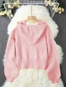 Women's Loose Hooded Cardigan - Comfortable Button Front Design, Casual Knit Sweater For Autumn/Winter - Pink - View 2