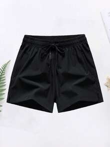 Pantaloni scurți sport pentru bărbați, din poliester, culoare solidă, ușori și respirabili, la modă, de vară, stil boyfriend, pentru ciclism, pantaloni scurți esențiali de baschet, potriviți pentru alergare, fitness, exerciții fizice, camping, călătorii, pantaloni sport la modă cu trei puncte, pantaloni scurți cu buzunar cu fermoar și cordon în talie pentru bărbați - Negru - Vizualizare 5