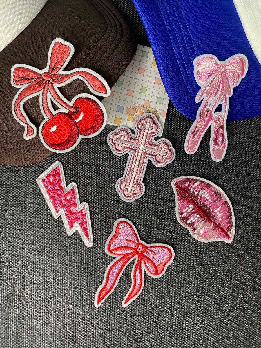 1 set de 3/6 piezas Parches bordados de dibujos animados rosas lindas para niñas con diseños de lazo, zapatillas de ballet, relámpago, accesorio decorativo, pegatinas de tela para zurcir adecuadas para mochilas, vaqueros, chaquetas, camisetas, sombreros, vestidos, etc. - Multicolor - Ver 1