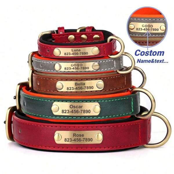 Personalized PU Leather Dog Collar Soft Comfortable Rubber Pad Custom ID Nameplate Pet Collar For Small Medium Sized Dogs Durable Collar