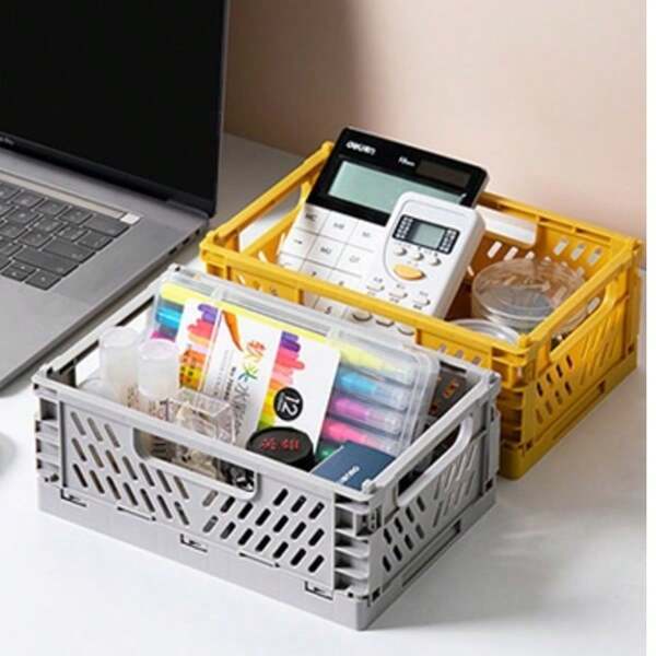 1pc Plastic Desktop Storage Box, Foldable Multifunctional Portable Organizer Basket, Stackable & Foldable Storage Basket For Makeup, Jewelry, Bedroom Vanity, Office & Kitchen, Organizer Tray With Divider For Utensils, Stationery, Snacks And Miscellaneous ItemsSimple, Hollow Out Design, Solid Color