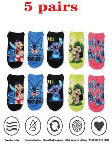 Disney Disney Fun Cartoon Prints, Soft Material, Ideal For Disney Fans, Perfect For Casual And Daily Wear Printed Combination Socks Set Stitch Boat Socks Floor Socks 5pairs