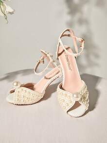 8厘米露趾高跟仿珍珠白色婚礼派对凉鞋，仿珍珠装饰镂空铆钉绑带细高跟新娘凉鞋，手工白色仿珍珠搭扣高跟凉鞋，适合舞会、周年纪念、婚礼、毕业典礼、圣诞节、冬季圣诞礼物 - 米色 - 查看 2