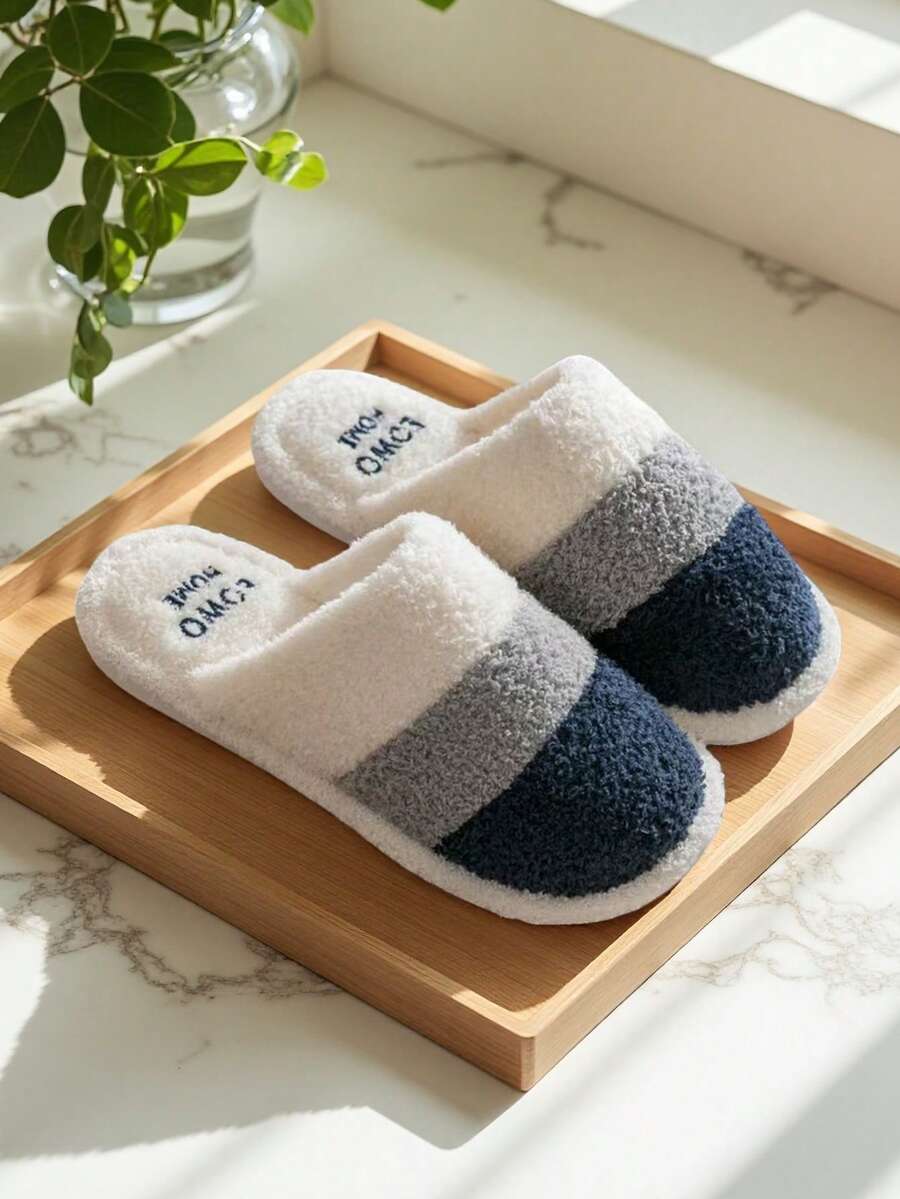 1 双羊毛衬里防滑平底休闲家居拖鞋，适合所有季节，青少年 - 藏蓝色 - 查看 1