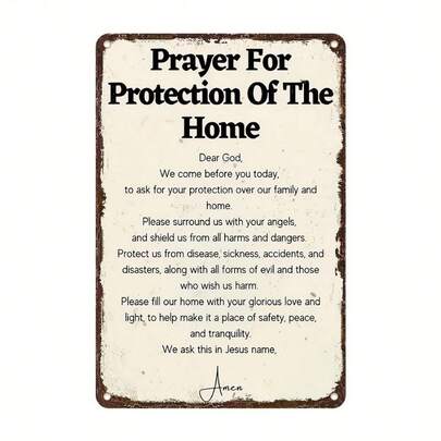 1pc "Prayer For Protection Of The Home" Wall Art Sign, 8x12" - Rustic Metal Tin Sign Ideal For Indoor/ Outdoor Use In Home, Office, Bar, Club, Theater, Cafe, Religious Wall Art | Home Decor | Uv Printed Art, Metal Wall Art Decor