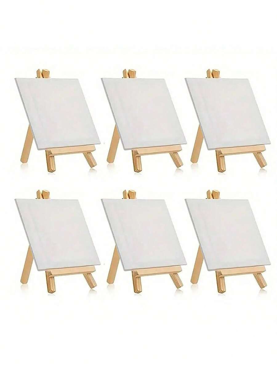 1/4/5/6PCS Mini Canvas And Easel Set Mini Canvas Panels Mini Wood Easels, Canvas Size Is 3.9" X 3.9"; Easel Size Is 3.1" X 5.9" For Kids Painting, Oil Painting And Diy Doodle,Back To School,School Supplies