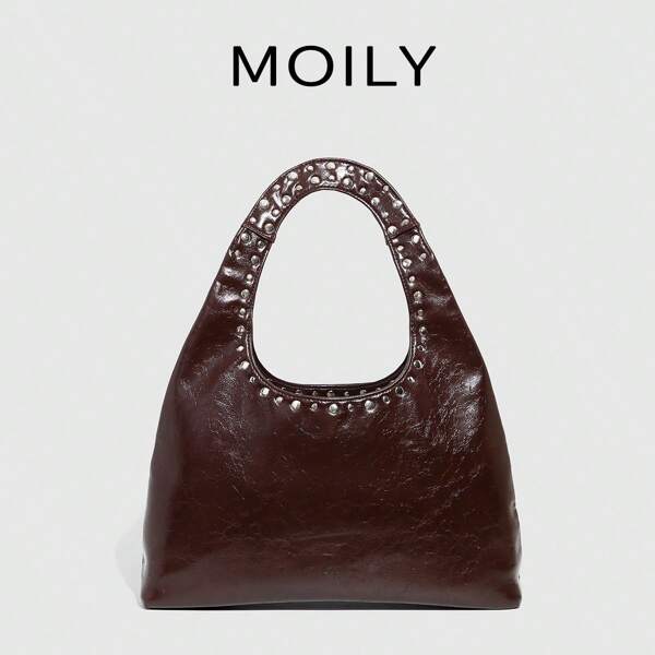 Bolsa Moily de Couro Marrom com Tachas - Estilo Descontraído para as Fashionistas Globais
