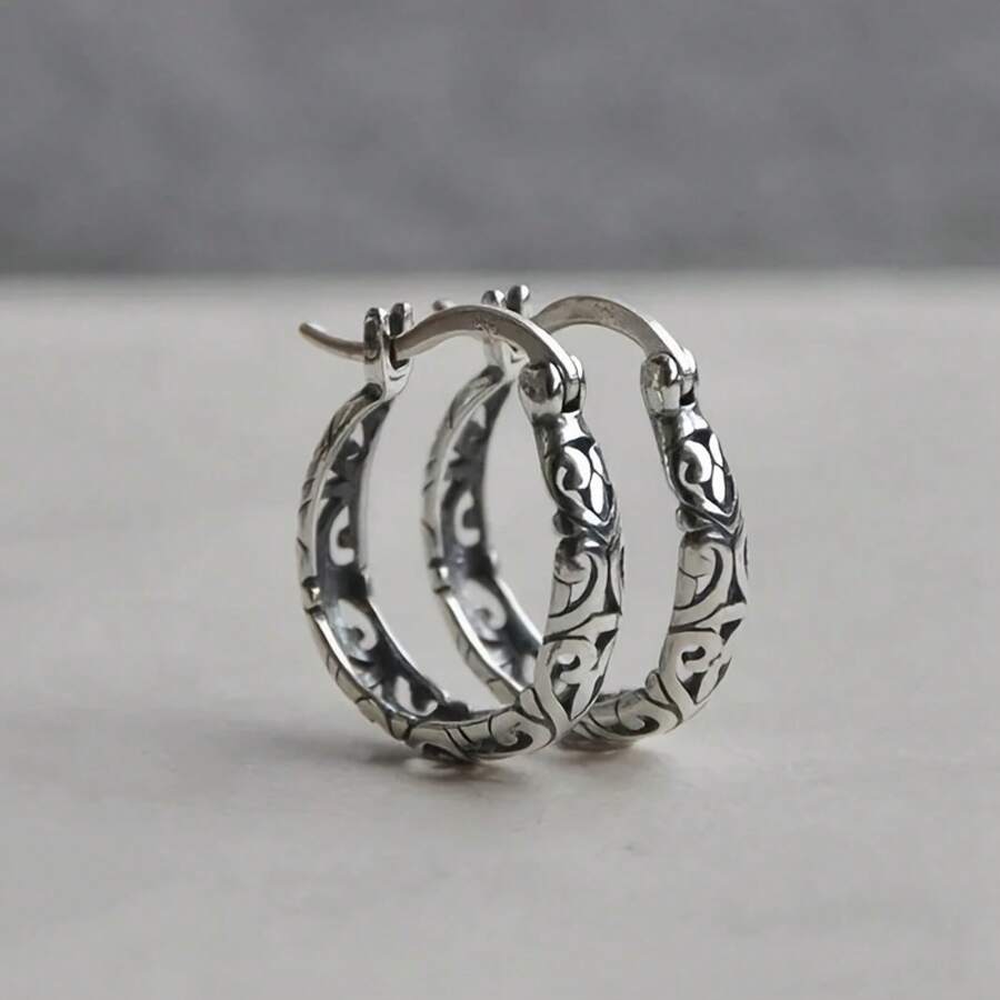Pair Of Elegant Bohemian Vintage Irish Celtic Rune Circle Earrings For Women - Anti-Allergy 304 Stainless Steel, Delicate Swirl Design, Suitable For Daily And Party Wear, Casual Wear Earrings | Vintage Circle Earrings | Allergy Resistant Earrings, Quirky Earrings - 銀色 - 查看 1