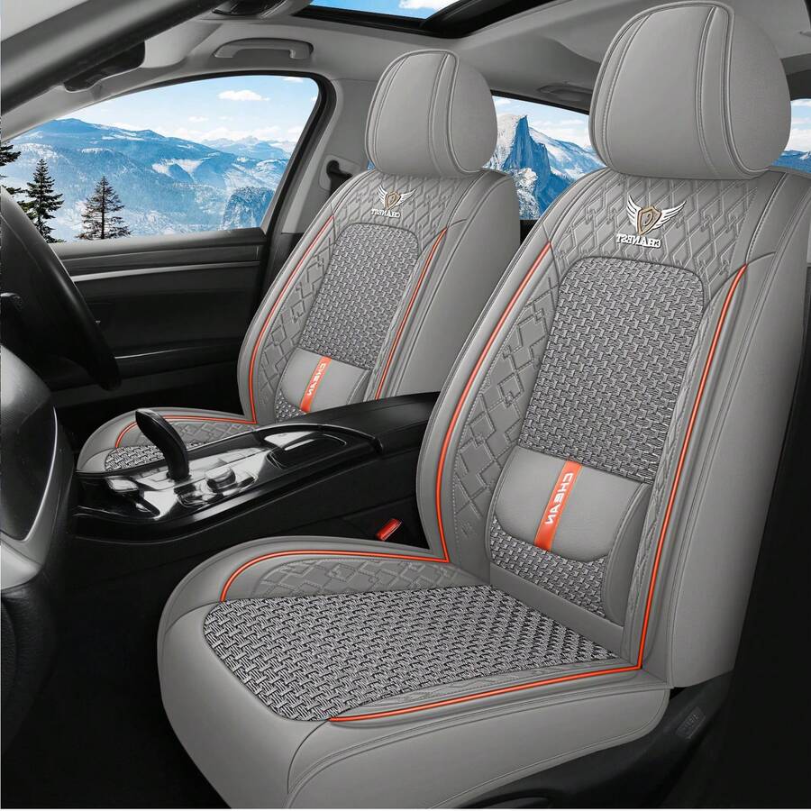 Breathable Luxury Nappa Leather + Ice Silk Car Seat Cover 4 Season Use Front Back Rear Cushion Full Wrapped Protector Universal Fit For 95% Cars SUV Truck - 灰色 - 查看 1