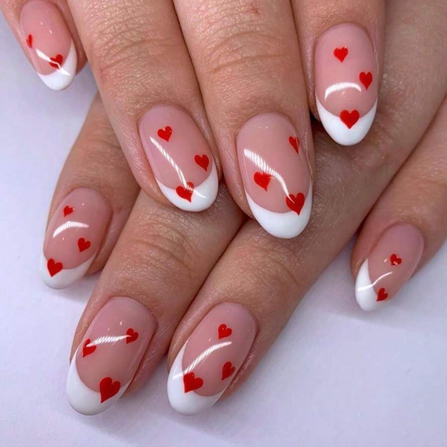 24 uñas postizas de color vino tinto con diseño de línea dorada brillante, en forma de almendra media, de un color rosa desnudo, uñas francesas acrílicas recargables para mujeres, decoración de manicura - Corazón de amor rosa - Ver 1