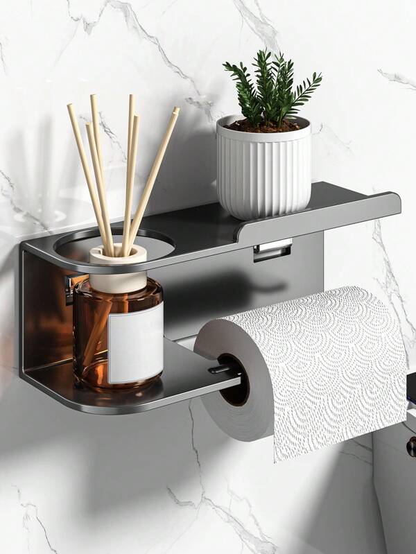 1pc Wall-Mounted Paper Towel Holder With Toilet Fragrance Storage Rack – Sleek Black Multifunctional Organizer For Kitchen & Bathroom, Self-Adhesive Installation, Space-Saving Design, Bathroom Organizers And StorageBathroom Accessories Back To School