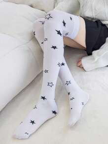 1 Pair Cute Cartoon Star & Milk Pattern Thigh High Socks, Fashionable Leg Warmers For Women, Spring/Summer