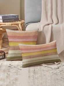 2 件 2D 印花枕套，亚麻抱枕套，时尚粉色、黄色和绿色条纹设计，适用于沙发、家居装饰、床或椅子装饰，柔软涤纶面料，拉链开合，可机洗，沙发枕头 - 彩色 - 查看 3