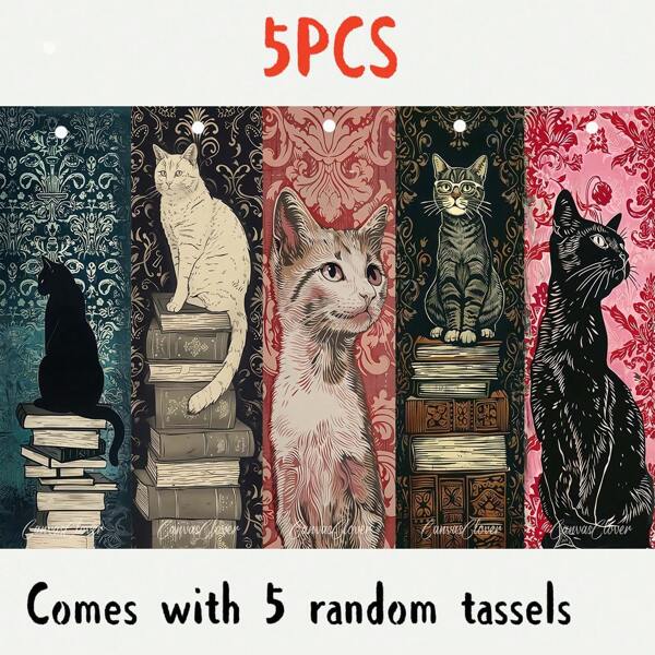 5pcs/Pack Cute Cat Pattern PET Bookmarks, Exquisite Waterproof , Unique Design, Adding Fun To Reading, Perfect Gift For Family And Friends (Random Color Tassel), School Supplies,Back To School