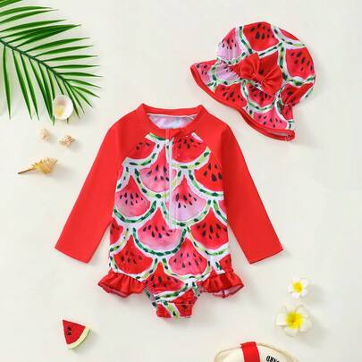 Young Girls Watermelon Print One-Piece Swimsuit With Hat, Summer