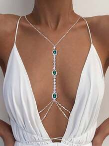 1 pieza Collar de cadena para el Body con tachuelas en forma de corazón, joyería corporal sexy con cristales para mujeres, estilo de moda europeo y americano