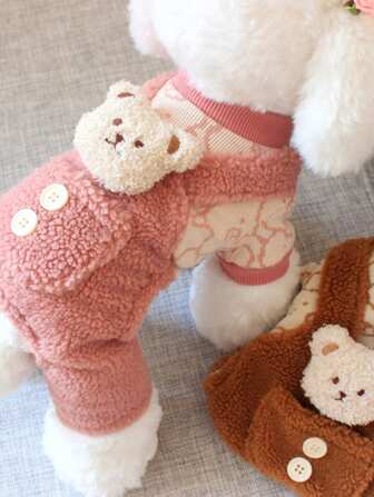 Termofodrad husdjursjumpsuit med björnremsdesign, knappmodell, tjocka varma husdjurskläder för katter och hundar, höst/vinter