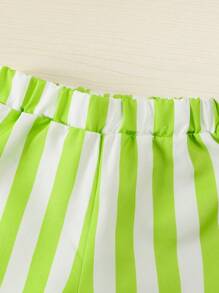 Set de 2 piezas de blusa sin mangas con botones a rayas y pantalones cortos a rayas para niñas, conjunto informal cómodo y de moda