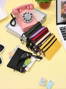 Polyester Women's Short Coin With Multiple Pockets And Zipper Coin Key Pouch Solid Color Daily Use For Women Wallet Purse Wallet Small Wallet Mini Canvas Wallet For Women, Three-Layer Zipper Pouch For Keys And Coins Bag Holiday Essentials Vacation Accessories Travel Holiday Essentials Beach Bag Travel Essentials Summer Holiday - Multicolor - View 2