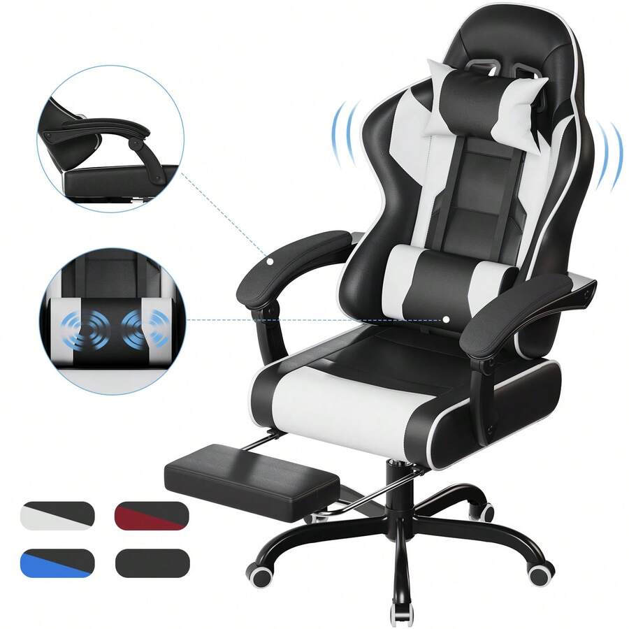 Gunji Gaming Chair, Computer Chair With Footrest And Lumbar Support, Height-Adjustable Gaming Chair With 360° Swivel Seat And Headrest, Video Gamer PC Chair, Ergonomic High Backrest - Đen và trắng - Xem 1