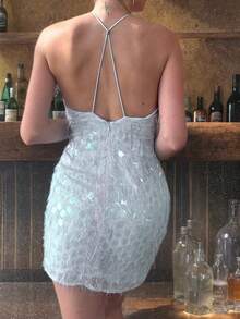 Vestido curto sexy com lantejoulas e costas nuas, estilo camisola, ideal para férias, formatura, Dia dos Namorados, Ano Novo, festas de fim de ano e Natal.