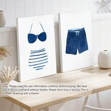 2 件/套无框水彩复古风格泳衣艺术帆布画，海军蓝和白色泳衣艺术，海滨别墅装饰，湖畔别墅墙壁艺术，儿童房装饰，海报，墙壁艺术，房间装饰用品，沿海装饰墙壁艺术 - 彩色 - 查看 2