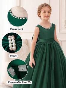 少女绿色手工串珠3D蝴蝶结圣诞派对礼服，适合女孩公主裙、生日派对、少女伴娘、花童、学校派对、舞会、节日庆典等场合。 - 墨綠色 - 查看 4