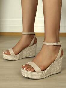 Women's Chunky Platform Wedge Sandals, Retro Woven Slip-On Mules With Ankle Strap, Bohemian Summer Vacation High Heel Shoes - Apricot - View 2