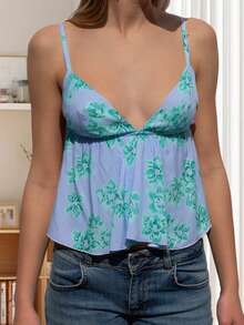 Women Camisole, Sleeveless Tops V-Neck Backless Flower Print Summer Vest For Party Club - Blue - View 4