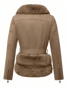 Risissida Ladies' Elegant Faux Fur Collar Short Jacket With Adjustable Waist And Bonus Belt - Perfect For Autumn And Winter - Brown - View 6