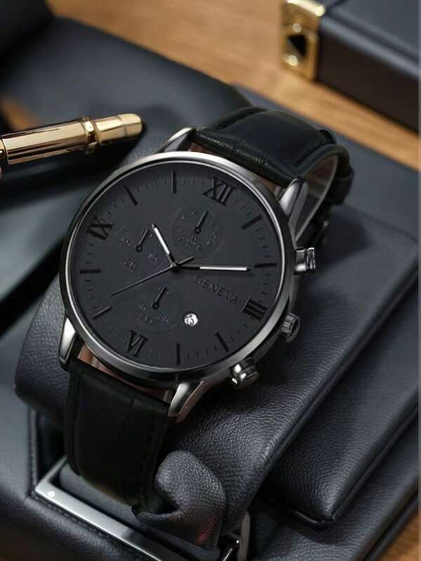 1pc Men's Black PU Leather Strap Casual Retro Simple Scale With Calendar Function Dial Quartz Watch For Daily Wear Or Holiday Gifts