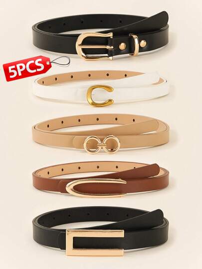 5 قطع مجموعة أحزمة نسائية أنيقة ذات لون أحادي بسيطة، أحزمة معدنية على شكل C وU لفساتين وبناطيل، مناسبة للأسلوب اليومي والمدرسي والتنقل، خيار هدية رائع للخريف وعيد الهالوين