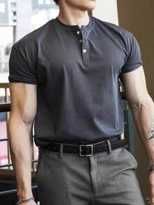 男士夏季亨利领短袖T恤，适合户外休闲穿着 - 深灰色 - 查看 1