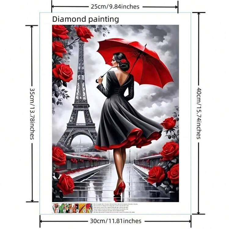 1 Stück 5D DIY Diamant-Malerei Acryl Set, Eiffelturm & Frau mit Regenschirm und Rose, Mosaik Wandkunst Dekoration für Büro, Schlafzimmer, Wohnzimmer - Verschiedenfarbig - Übersicht 11