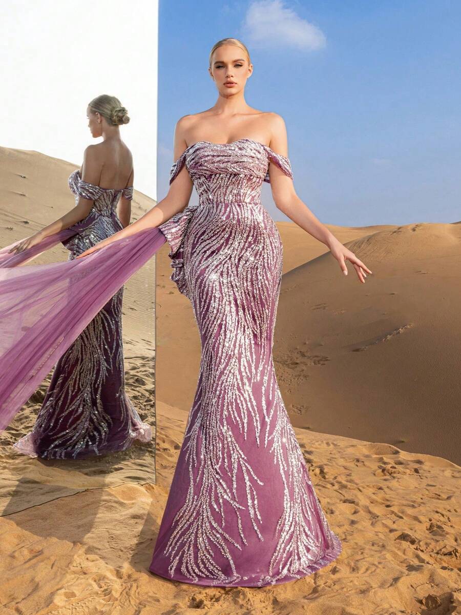 Faeriesty Váy dạ hội trễ vai thanh lịch dành cho nữ với chi tiết thắt nơ ở lưng, dây thắt lưng bằng vải tuyn mềm mại và dáng đuôi cá - Hoàn hảo cho các buổi dạ tiệc thảm đỏ, tiệc tối trang trọng, tiệc cưới, tiệc chiêu đãi trang trọng và lễ kỷ niệm xa hoa - Màu tím hoa cà - Xem 1