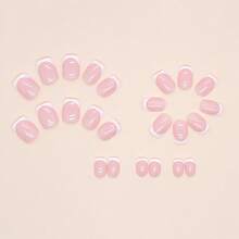24 Pcs White French Tip Press On Nails Short Square Fake Nails Glossy Pink False Nails With Glue On Nails Reusable Full Cover Stick On Nails Acrylic Artificial Nails For Women DIY Nails Art Decoration - Flower French Tip - 查看 9