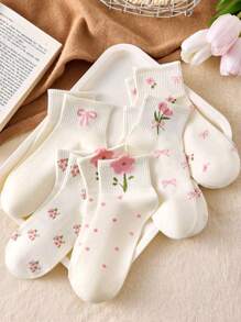 5 Paar weiße und rosa Damen kurze Socken mit Blumen- und Schleifenstickerei, feuchtigkeitsableitend, bequeme Halbeissocken für den täglichen Gebrauch, geeignet für Frühling und Sommer