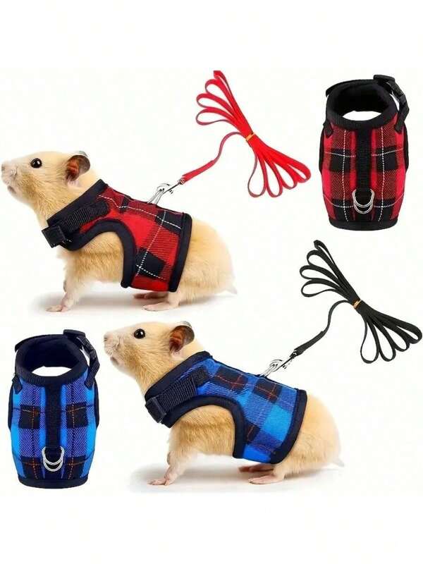 Fashion Plaid Pet Harness Set - Breathable, Adjustable, Safety Walking Vest For Small Animals, Ferrets, Guinea Pigs And Rabbits, Easy To Use, Blue And Red Plaid Design