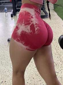 1 pieza Pantalones cortos de yoga sin costuras de tiro alto y efecto tie-dye para mujer, leggings de fitness que realzan las caderas en color melocotón, pantalones cortos ajustados y de secado rápido para entrenamiento en color rosa